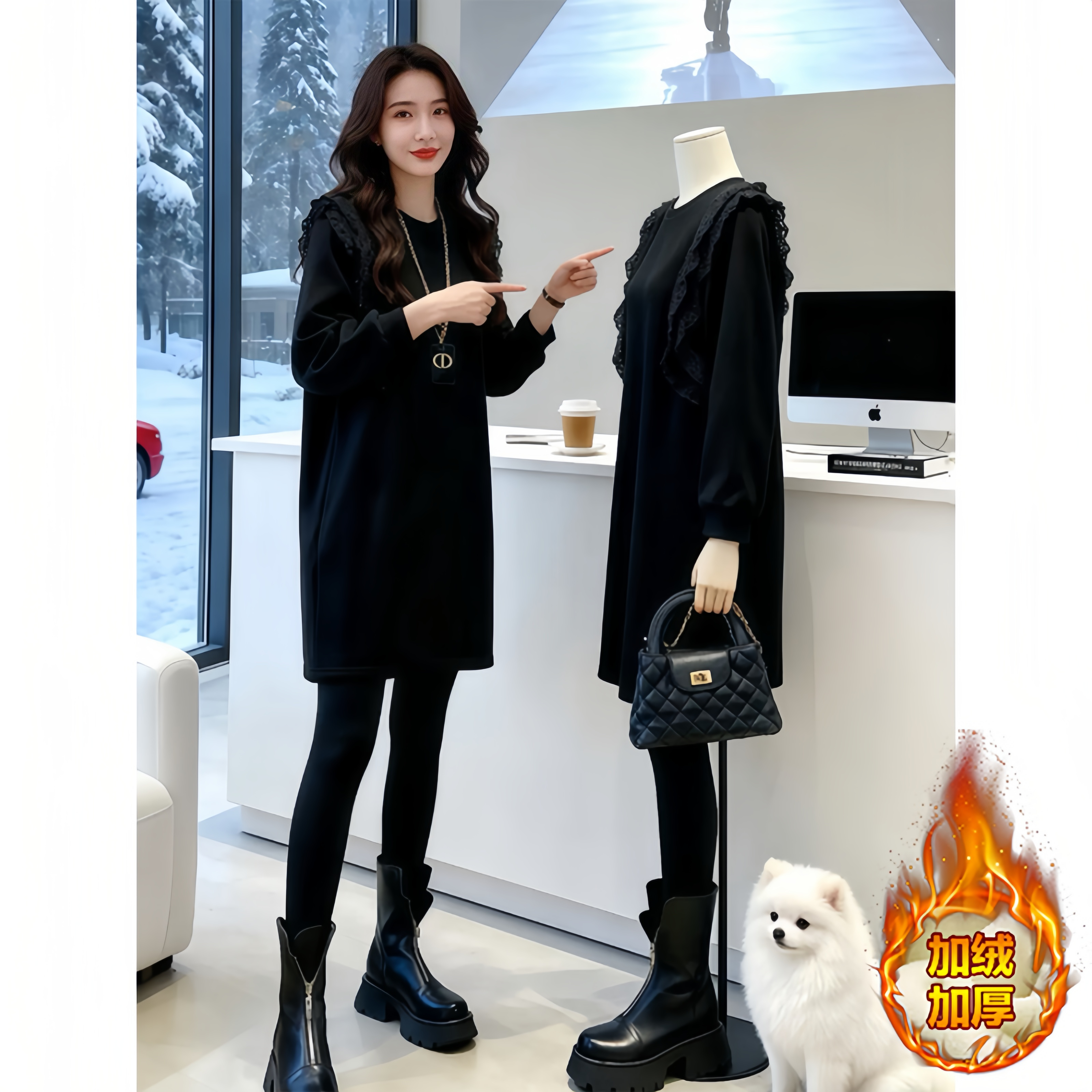 2025秋冬季新款潮流中长款加绒加厚蕾丝拼接卫衣女