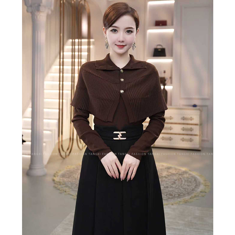 2025秋冬新款【XGN-03】含绵羊毛斗篷设计两件套针织内搭小衫毛衣女