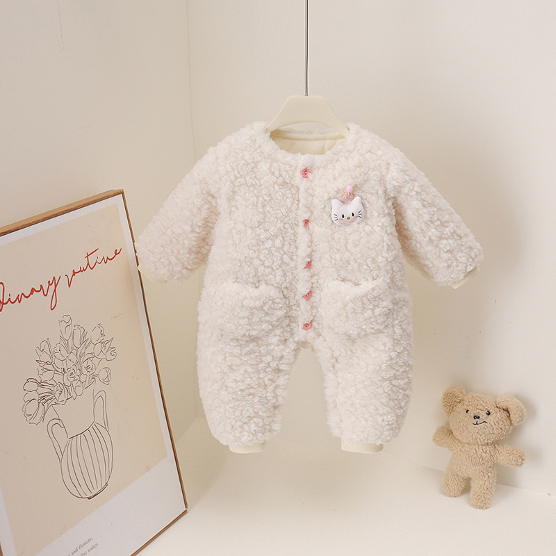 冬季新生儿可爱无领云朵绒猫咪连体衣爬服哈衣女幼儿