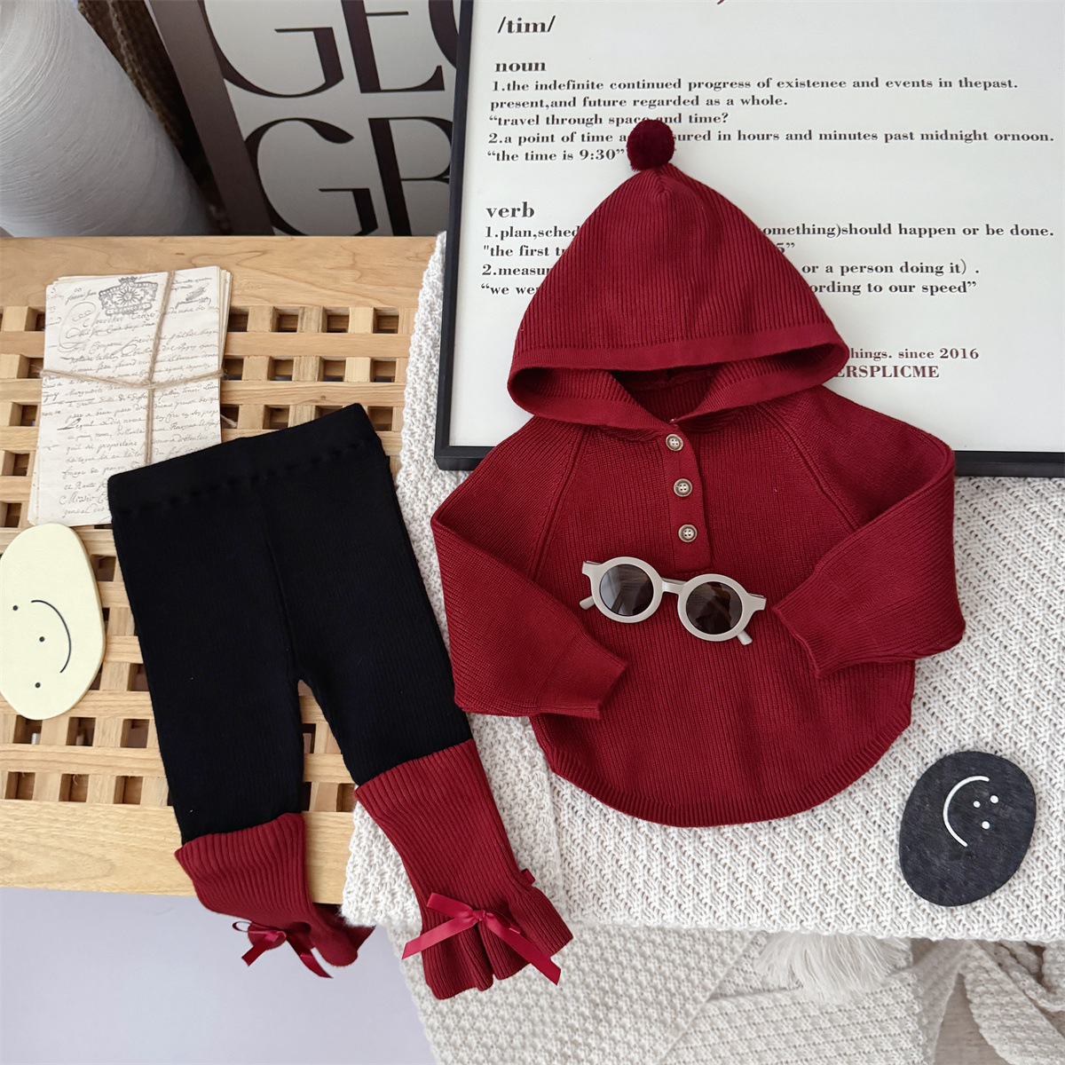 （巫师帽上衣+裤子）0-3岁女宝喜庆抓周秋冬针织毛线衣服二件套装