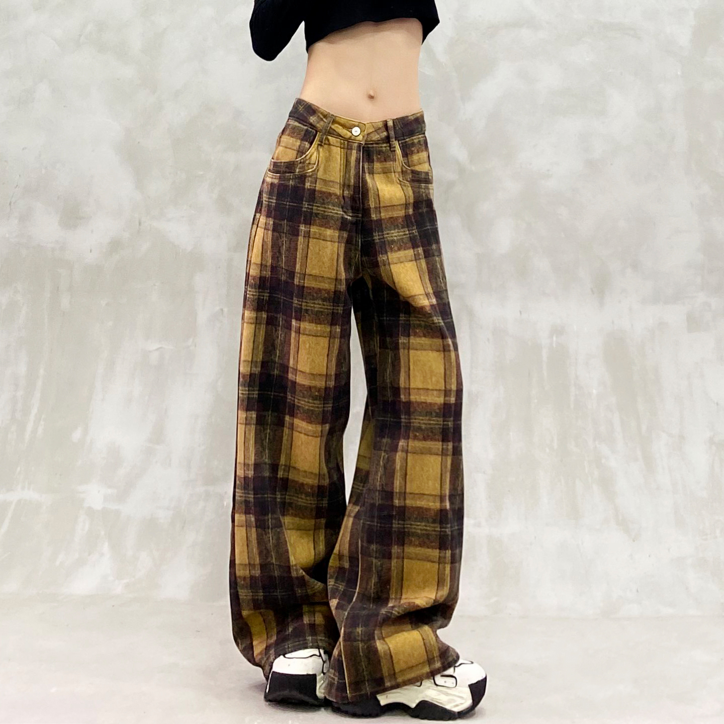 拼色格纹设计加绒休闲牛仔裤女冬新款高腰宽松显瘦百搭直筒阔腿裤