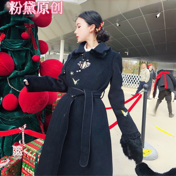 粉黛原创 【墨蝶】冬季新款黑色长款外套女高级感设计大衣