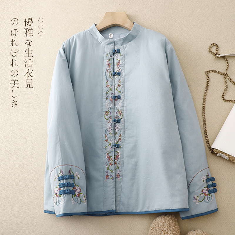 新款中国风棉麻绣花棉服盘扣立领对襟棉衣中式厚外套棉服时尚百搭