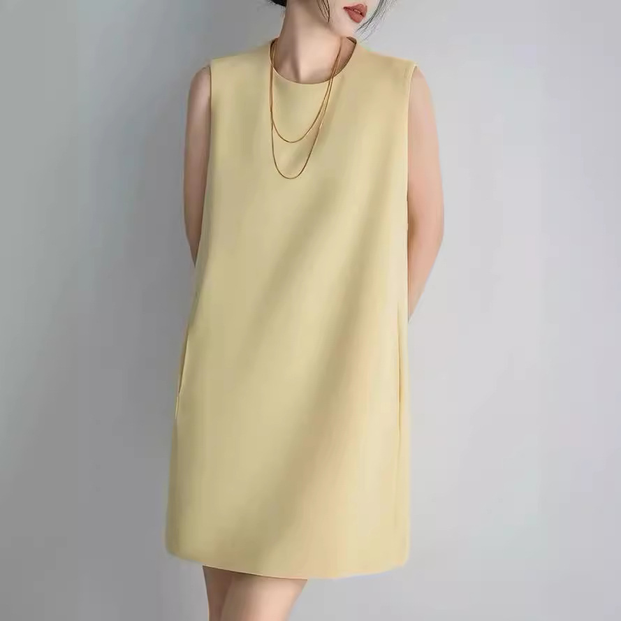 高级感日式三醋酸连衣裙女夏法式圆领经典无袖直筒时尚气质短裙子