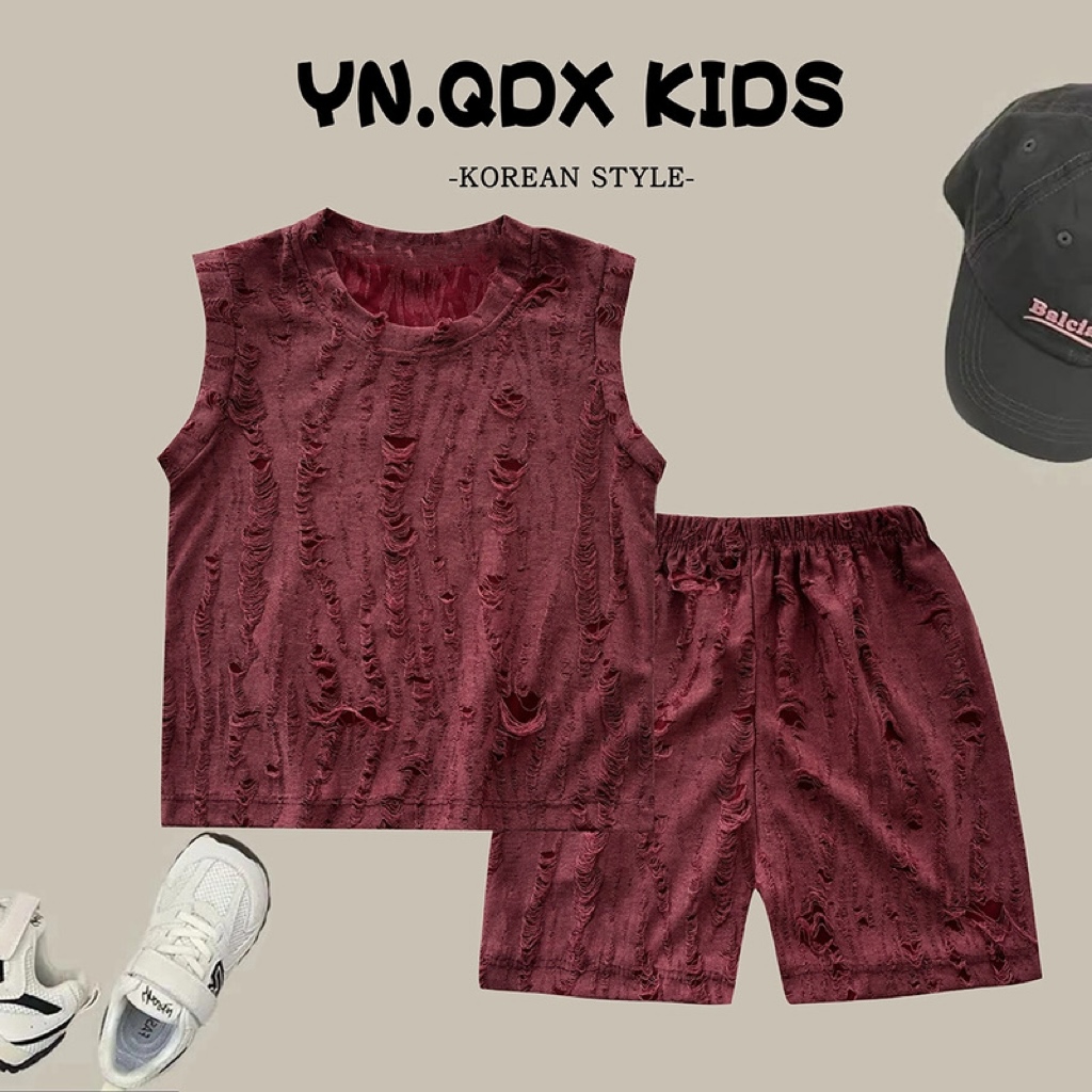 儿童休闲风纯色通用套头简约女宝夏季套装男童红色潮流薄款复古