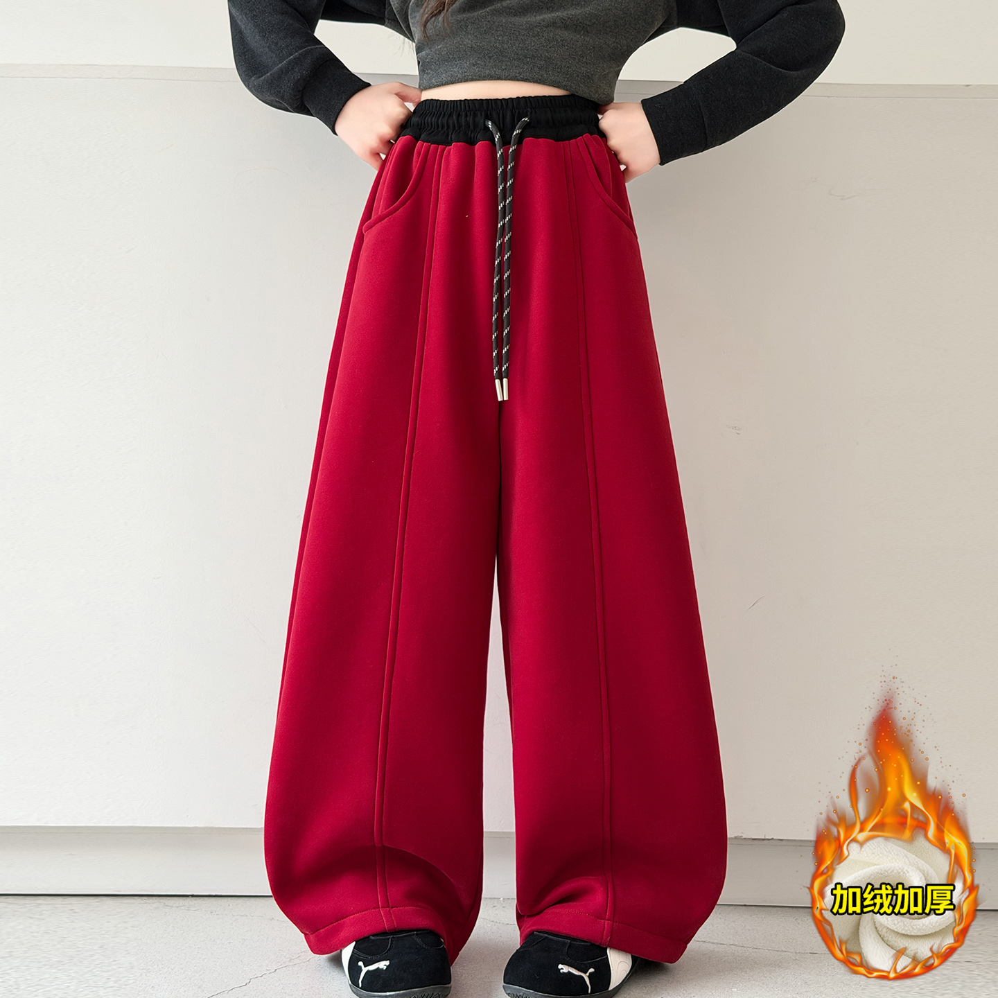女童加绒裤子冬装大童加厚卫裤儿童红色年服女孩马年本命年运动裤