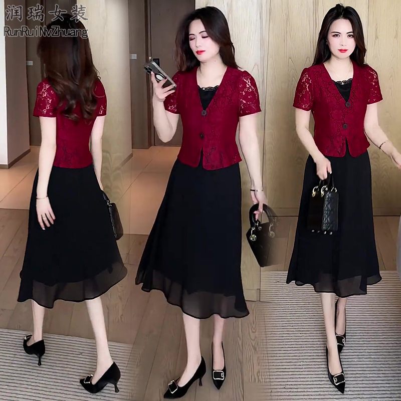 短袖韩版拼色修身蕾丝连衣裙春夏拼接显瘦遮肚夏季裙子气质妈妈装