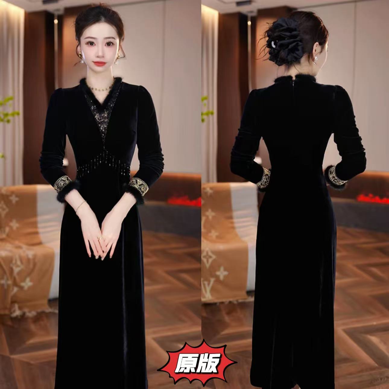 【金袖织锦】真毛领丝绒裙2025秋冬新款收腰显瘦轻奢女人味连衣裙