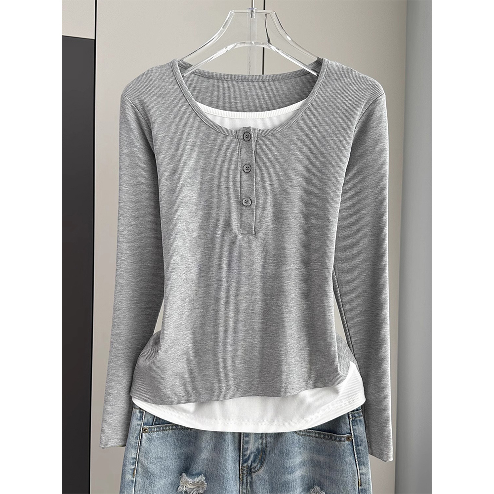 胖mm大码假两件长袖t恤女2025新款秋季内搭打底衫设计感正肩上衣