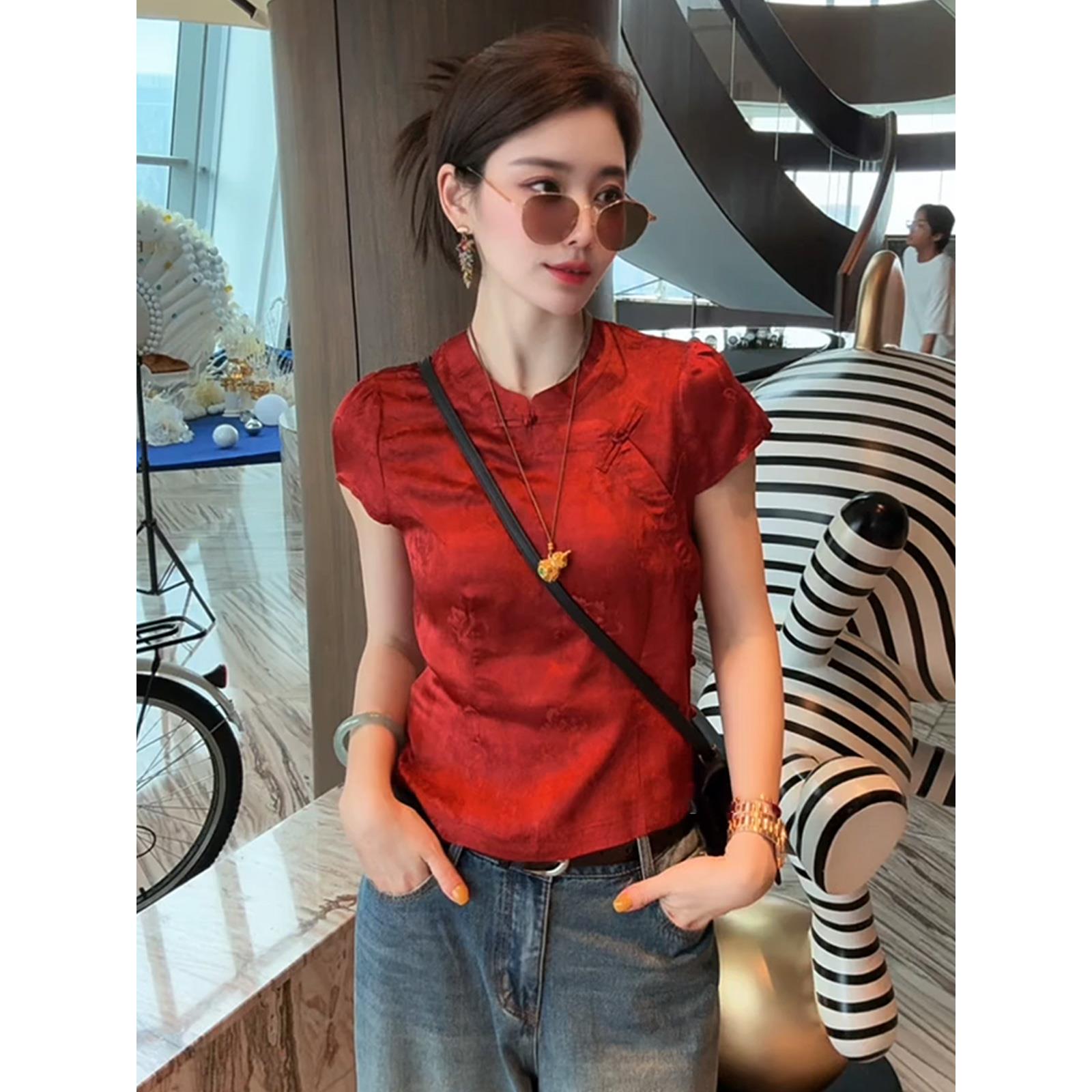 新中式气质红色短袖衬衫女装2025夏季新款百搭显瘦贵气感国风上衣