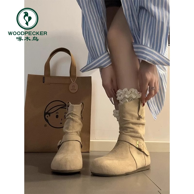 啄木鸟复古内增高勃肯小短靴女2025新款西部套筒堆堆靴显瘦短筒靴