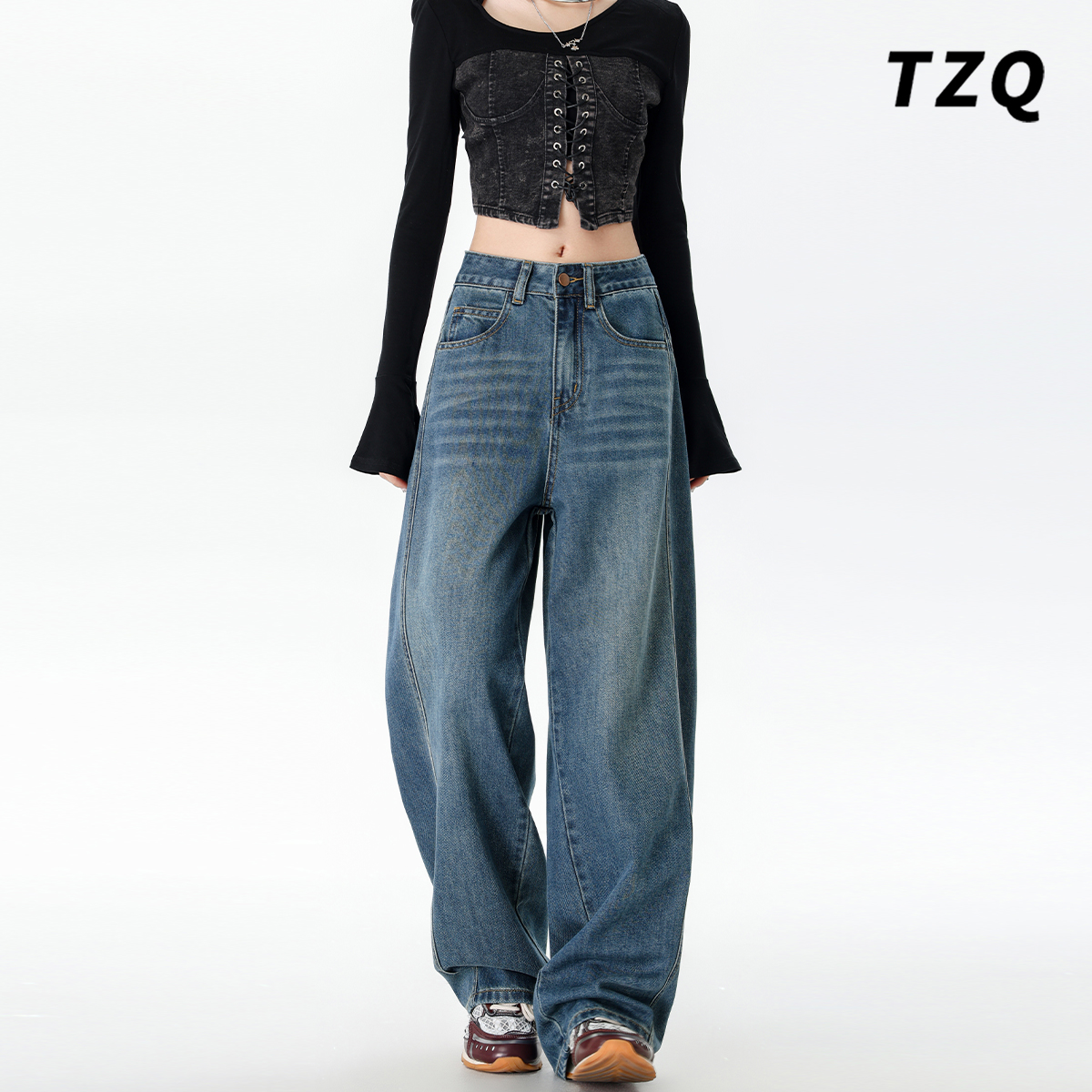 复古弯刀阔腿牛仔裤女秋2025爆款高腰显瘦宽松直筒裤 TZQ25101124