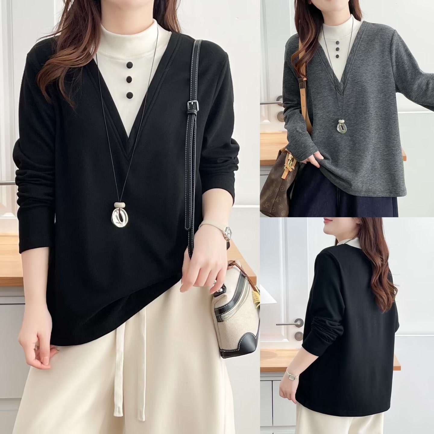 大码胖mm2025秋冬设计感假两件显瘦T恤女上衣宽松减龄打底衫8650