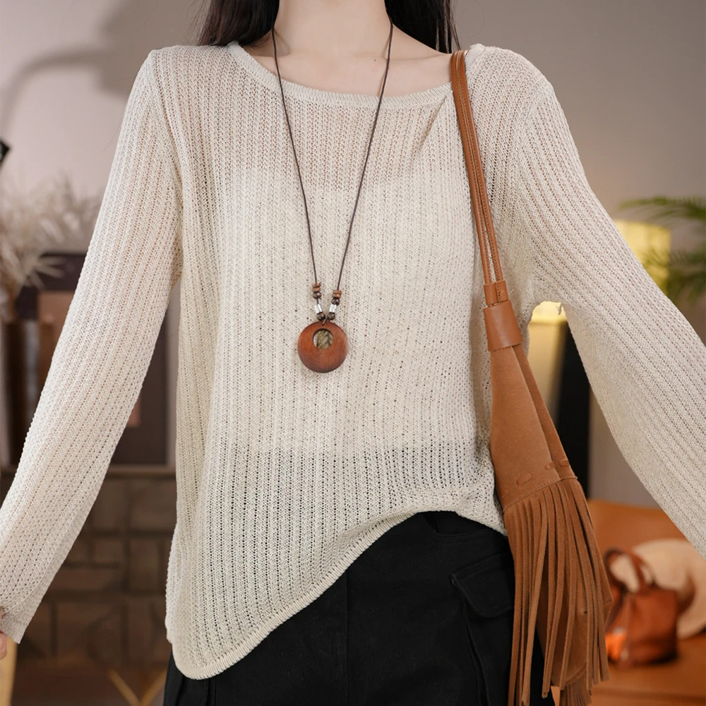 法式轻熟风针织衫长袖t恤女2025春秋新款薄款宽松显瘦打底衫上衣