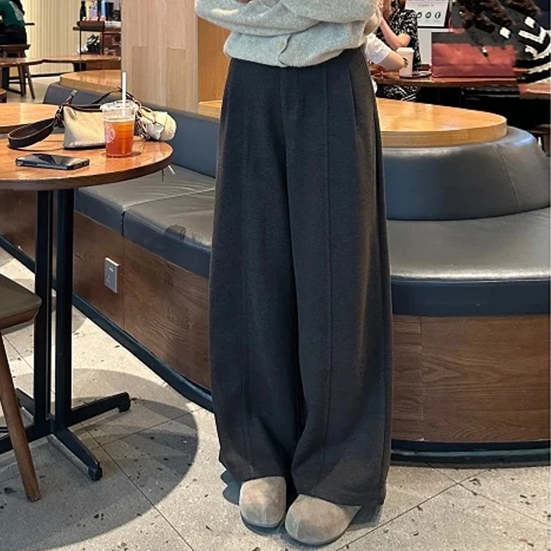 韩系简约垂感毛呢窄版直筒阔腿裤女2025秋季新款宽松显瘦休闲裤子
