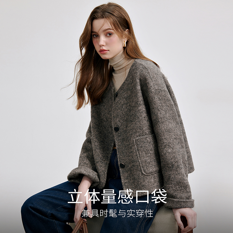 KBNE毛呢外套爆款2025秋冬新款兔毛真丝混纺复古双面呢大衣小个子