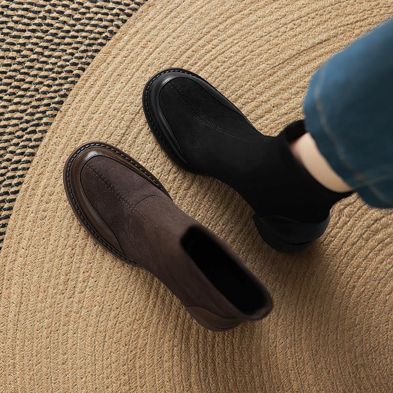 穿高跟鞋的吴大叔2025年新款真皮圆头短靴时尚百搭气质粗跟弹力瘦