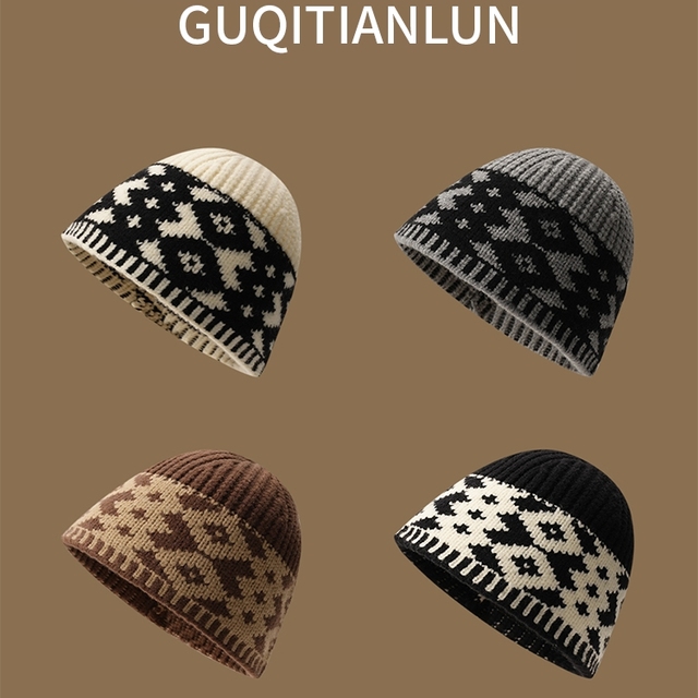 覆古拼色菱形格韩系小众设计感针织帽子2026年冬季新款保暖渔夫帽