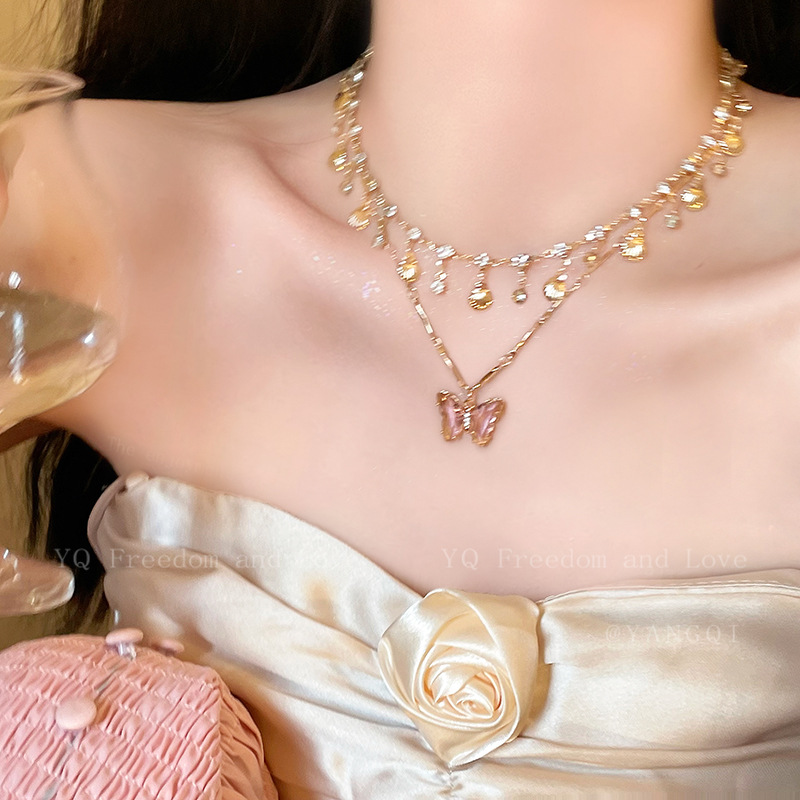 合金项链 粉蝶兰芙 - 春夏彩色蝴蝶叠戴流苏项链女轻奢精致颈链