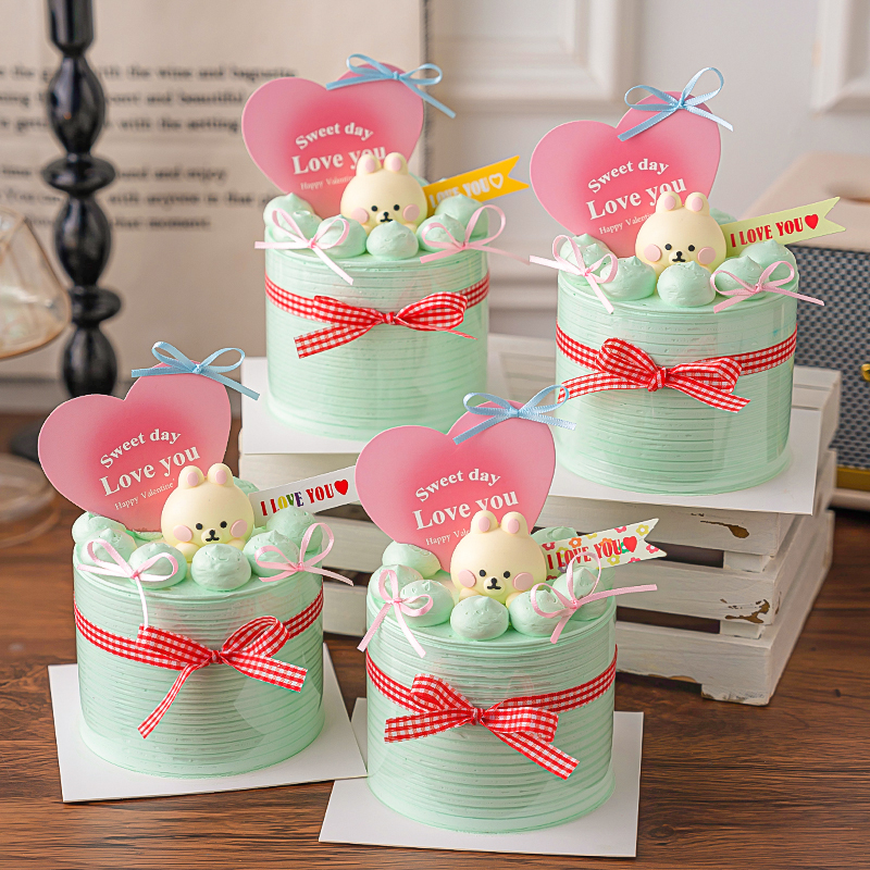 七夕情人节可爱立体小兔蛋糕装饰摆件情侣纪念日我爱你小旗插件