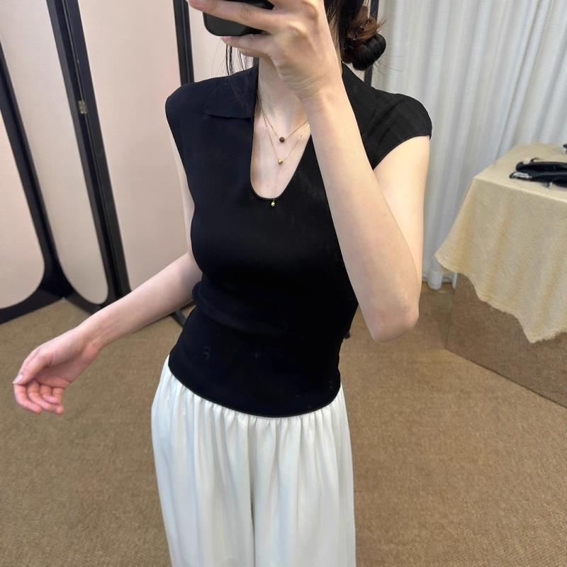法式赫本风黑色u领冰丝针织无袖背心女夏季修身显瘦翻领坎肩上衣