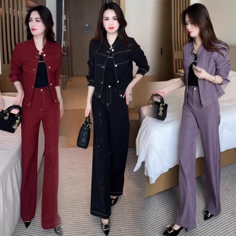 气质牛仔套装女士春秋新款洋气减龄短款外套显瘦阔腿裤休闲两件套