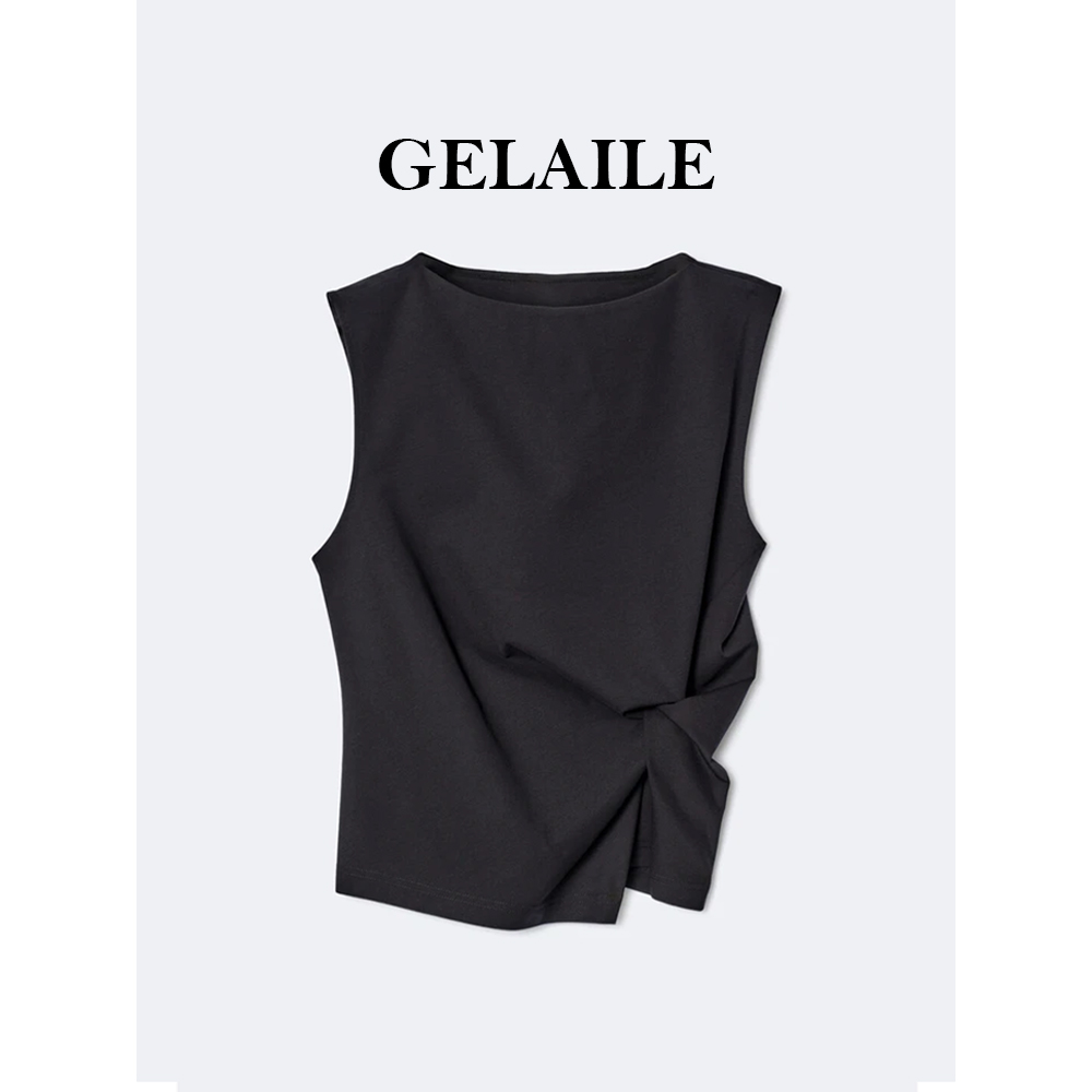 法式百搭修身气质背心黑色女夏季外穿不规则设计感扭结短袖上衣薄