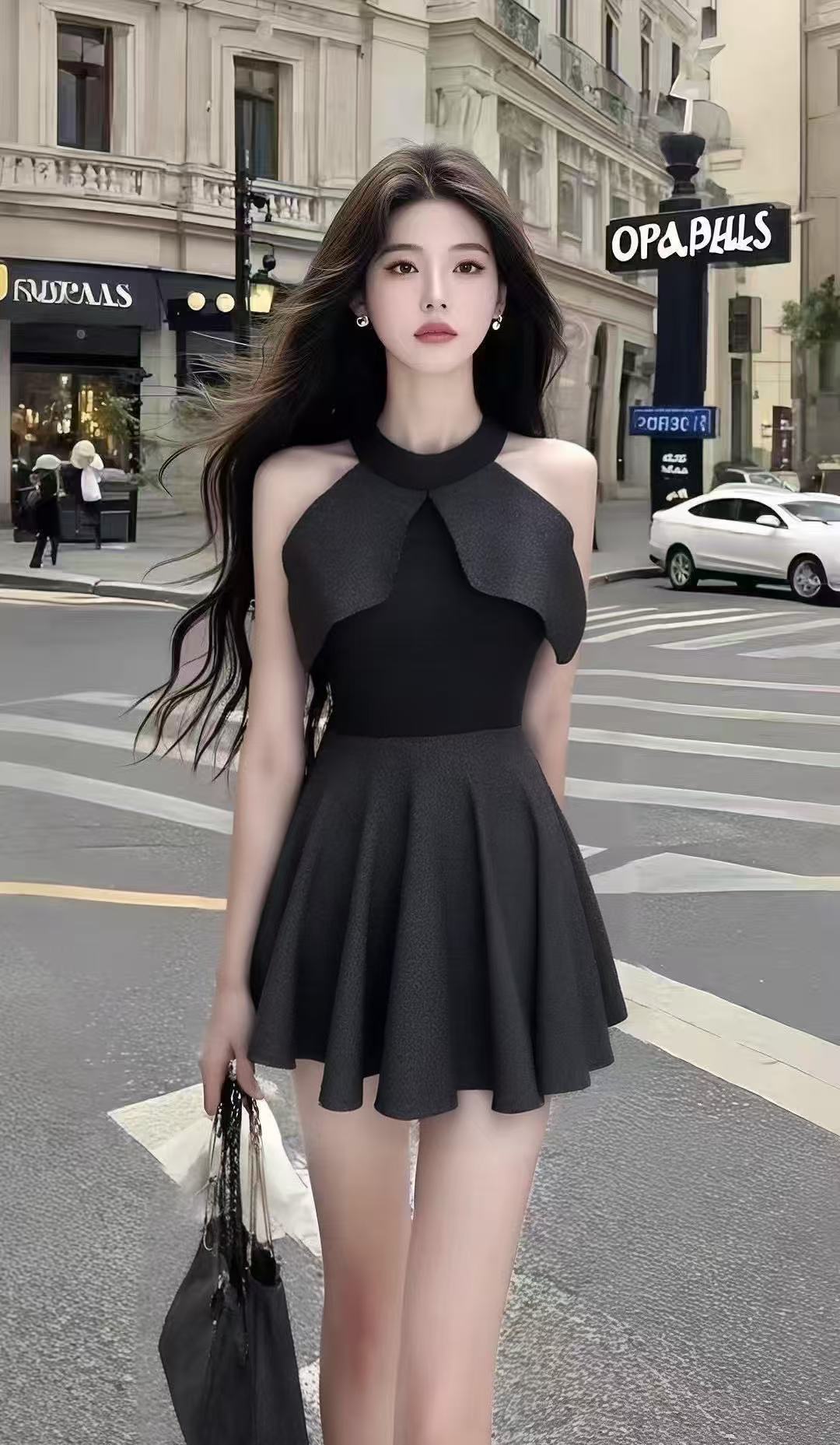 高级感气质名媛性感纯欲风黑色露肩收腰圆领显瘦设计感连衣裙女