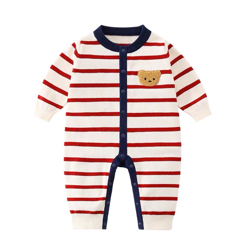 婴儿春秋针织连体衣休闲风条纹宝宝熊头爬服秋冬哈衣韩版棉线洋气