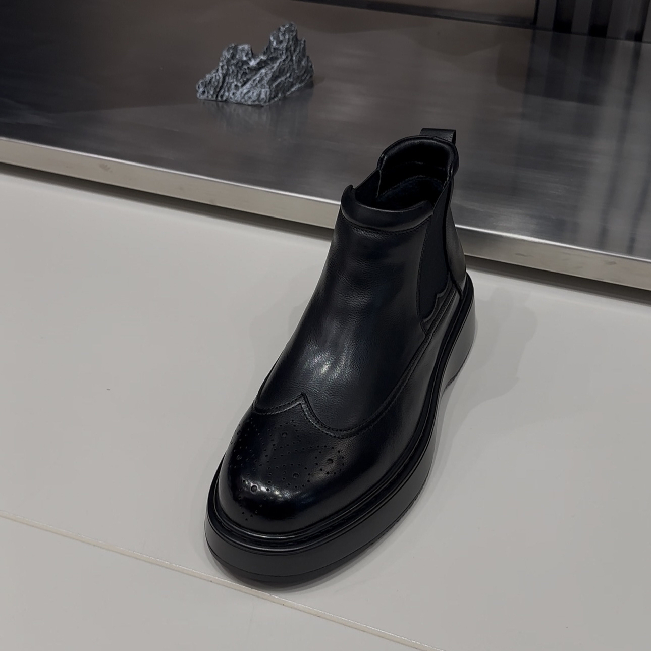 复古套筒短靴圆头高帮冬季粒面皮切尔西靴潮流英伦风休闲秋冬鞋子