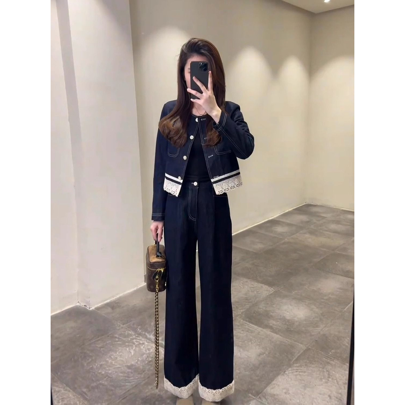 小个子气质蕾丝牛仔外套阔腿裤女装2025春季新款独特漂亮休闲