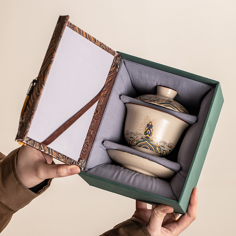 汝窑三才盖碗茶杯高档单个三件套家用大师泡茶碗功夫茶具套装礼盒