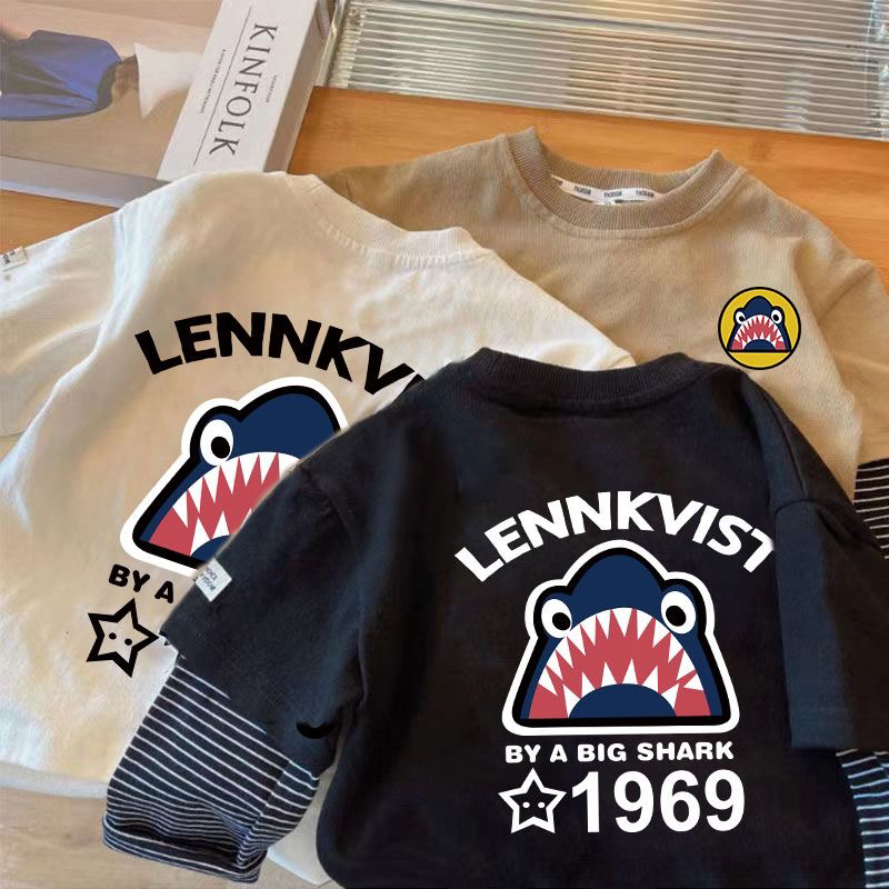 男童春秋长袖T恤2025韩版新款儿童鲨鱼印花假两件宝宝圆领上衣潮