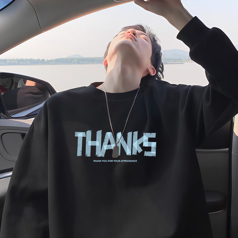 重磅纯棉打底衫字母印花男士秋季韩版T恤港风男士圆领套头长袖