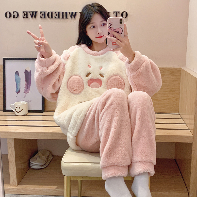 珊瑚绒睡衣女款秋冬季加厚加绒可爱法兰绒家居服冬天学生保暖套装