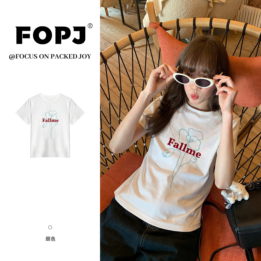 FOPJ复古美式夏季新款正肩短袖t恤女修身显瘦百搭纯欲风时尚上衣