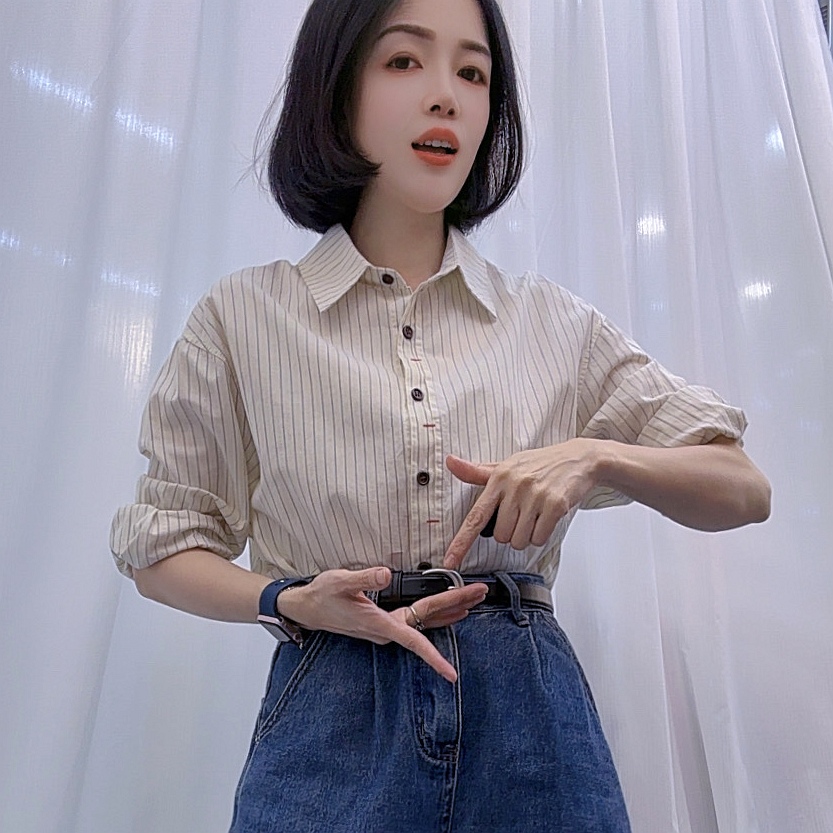 刺绣条纹棉衬衫女2025秋新款休闲时尚气质减龄百搭显瘦长袖衬衣潮