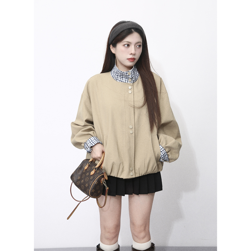大眼自制 复古格纹拼接撞色短外套韩系夹克秋季新款翻领上衣潮