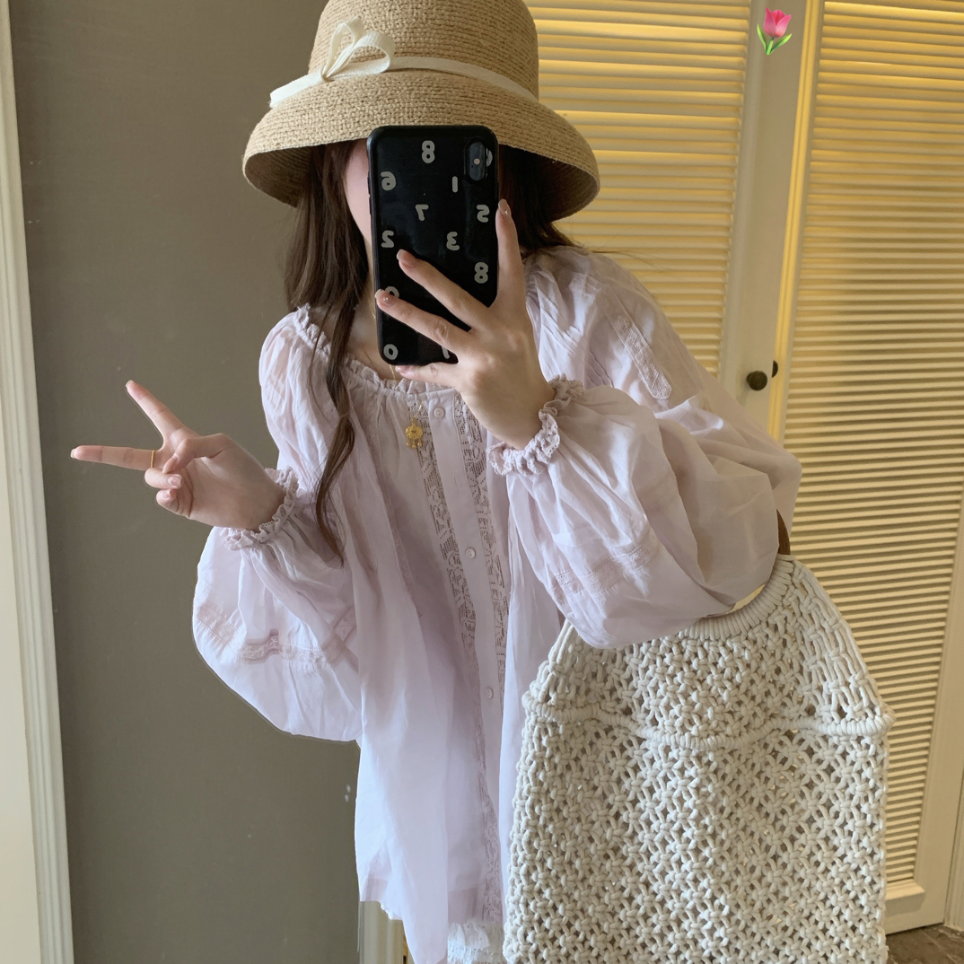 浪漫纯欲淡紫色飘逸设计感蕾丝拼接长袖衬衫宽松上衣女