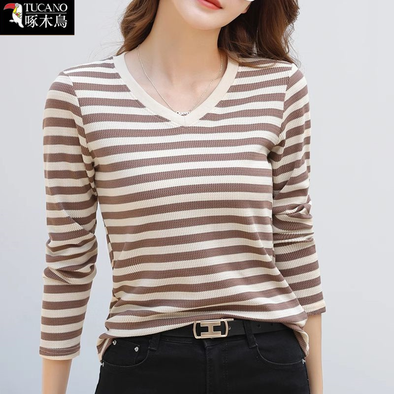 啄木鸟条纹长袖V领女式显瘦T恤2025年新款打底衫秋季休闲百搭上衣
