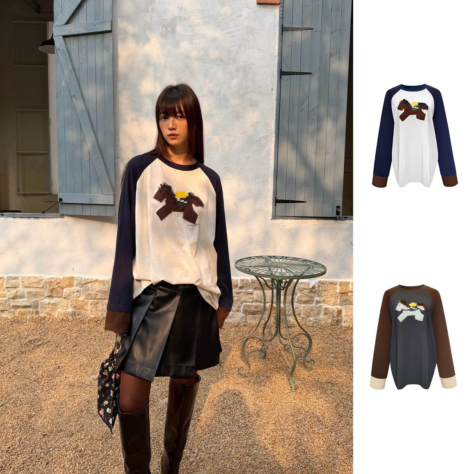 MOMENTPLAY复古撞色马上有钱刺绣长袖T恤休闲DSC买手店 AY6M39001