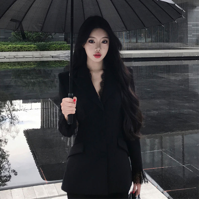 2025春装新款  蕾丝拼接长袖西装外套御姐范气质西装款两件套