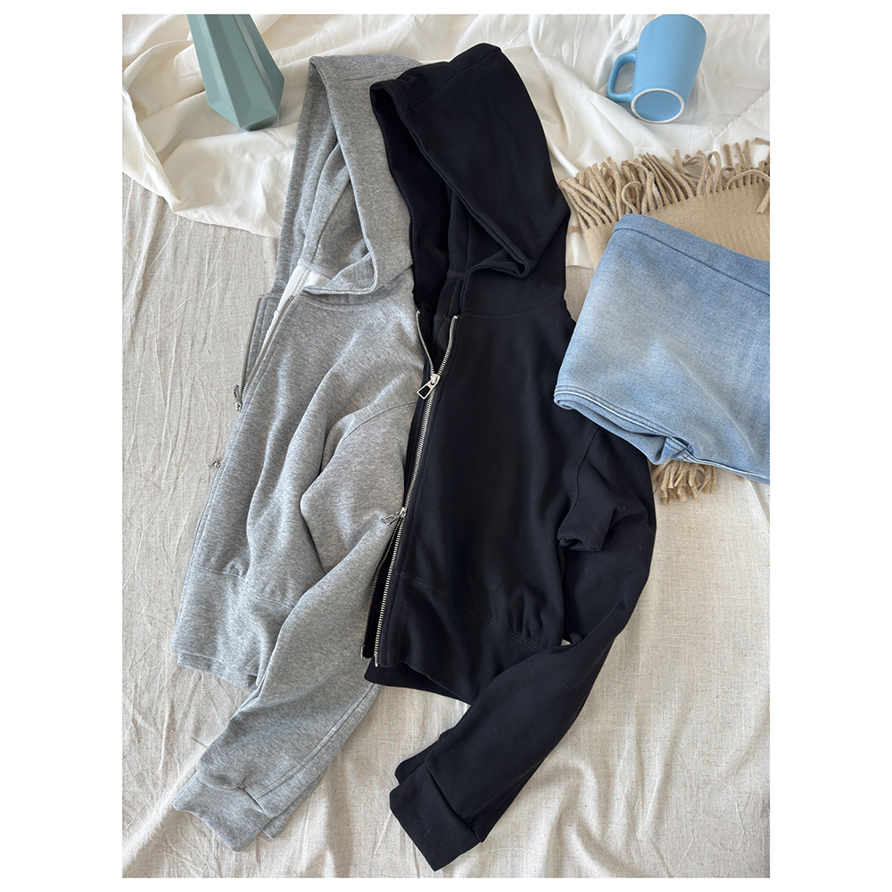 WT081秋季新款女士休闲宽松纯色连帽长袖百搭拉链开衫外套