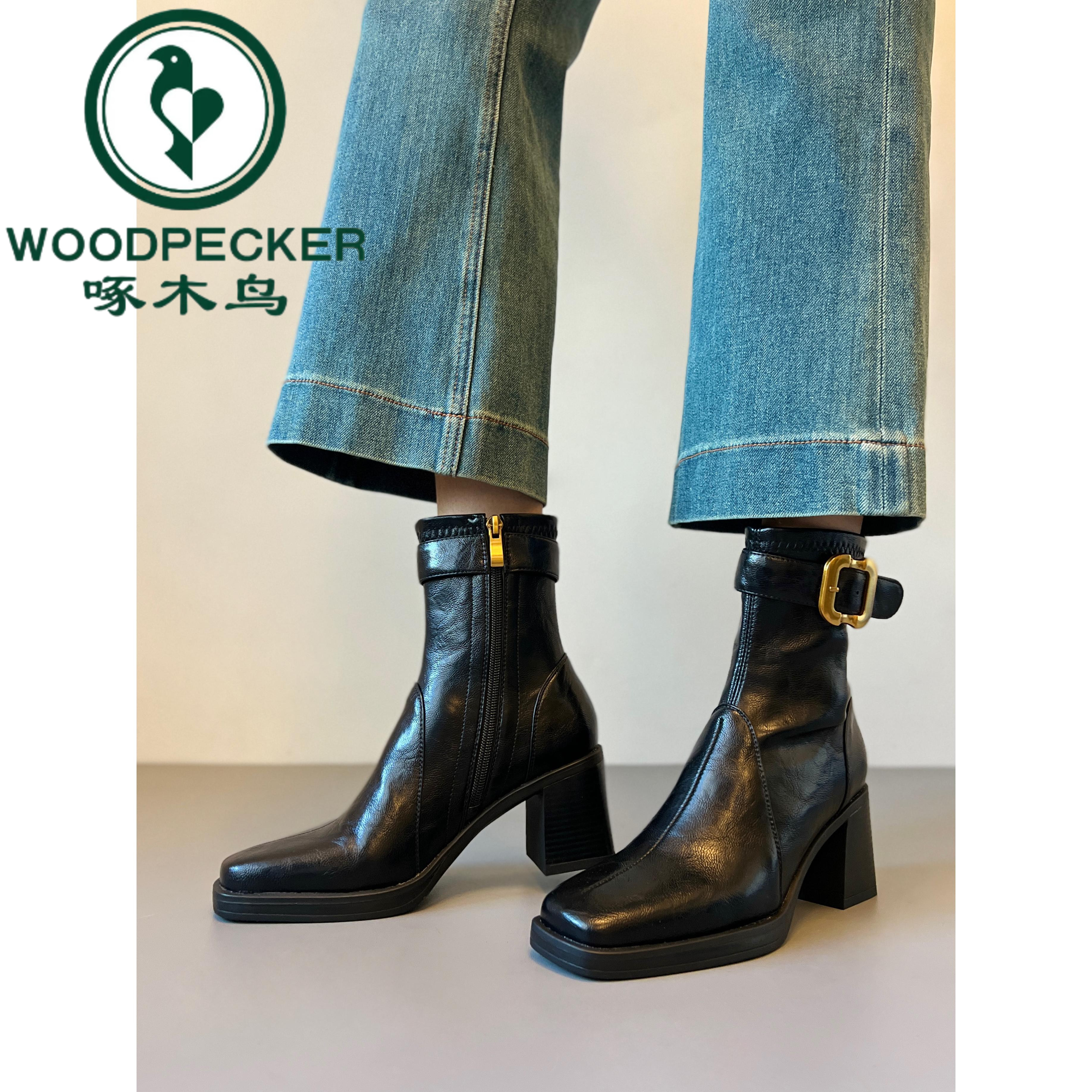 啄木鸟静音底方头高跟短靴女轻奢粗跟瘦瘦靴软面百搭显瘦靴子新款