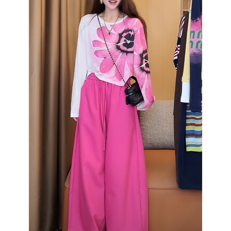 慵懒风早秋穿搭一整套女2025秋季印花防晒上衣搭休闲阔腿裤两件套