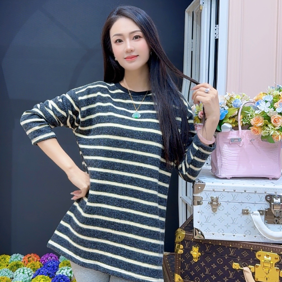 松弛感条纹长袖磨毛内搭秋冬新款打底衫加厚软糯t恤慵懒风上衣女