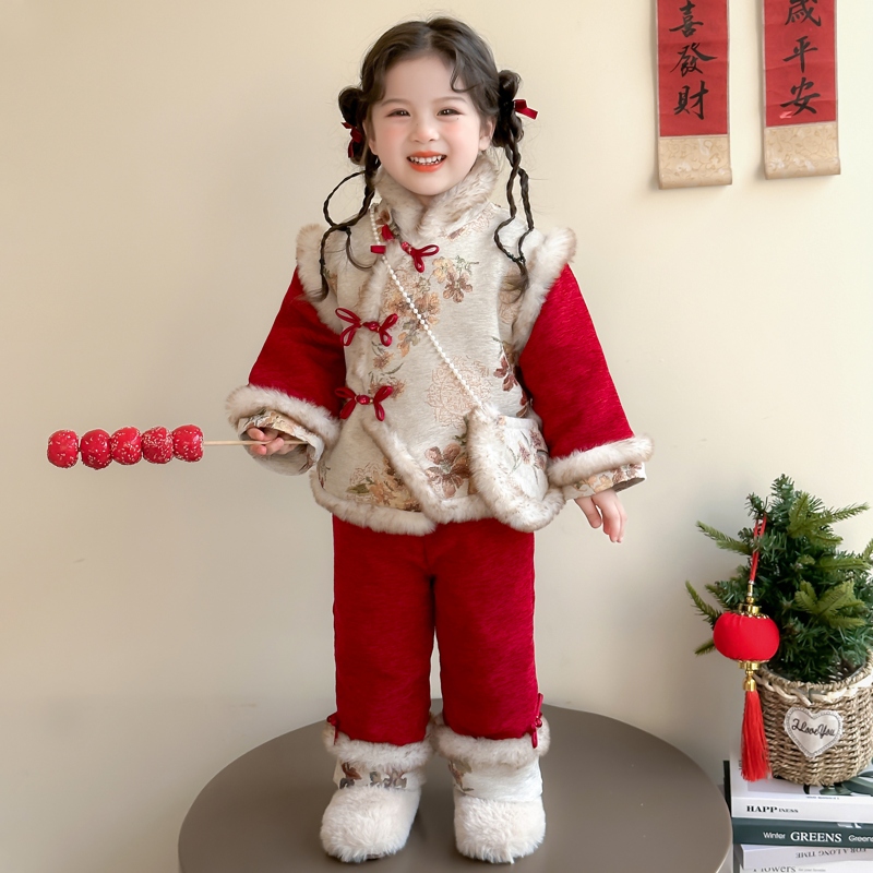 女童冬季新款加绒加厚套装小女孩中国风汉服宝宝周岁礼服两件套潮