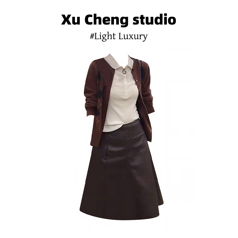 Xu Cheng翻领内搭上衣2025秋季复古服装长袖毛衣开衫高腰半身皮裙