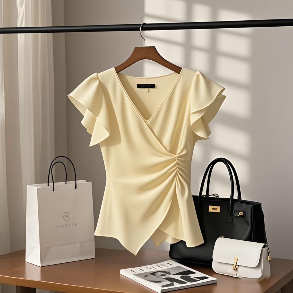 黄色通勤v领显瘦衬衫女夏季2025女小众收腰衬衣修身显瘦甜辣上衣