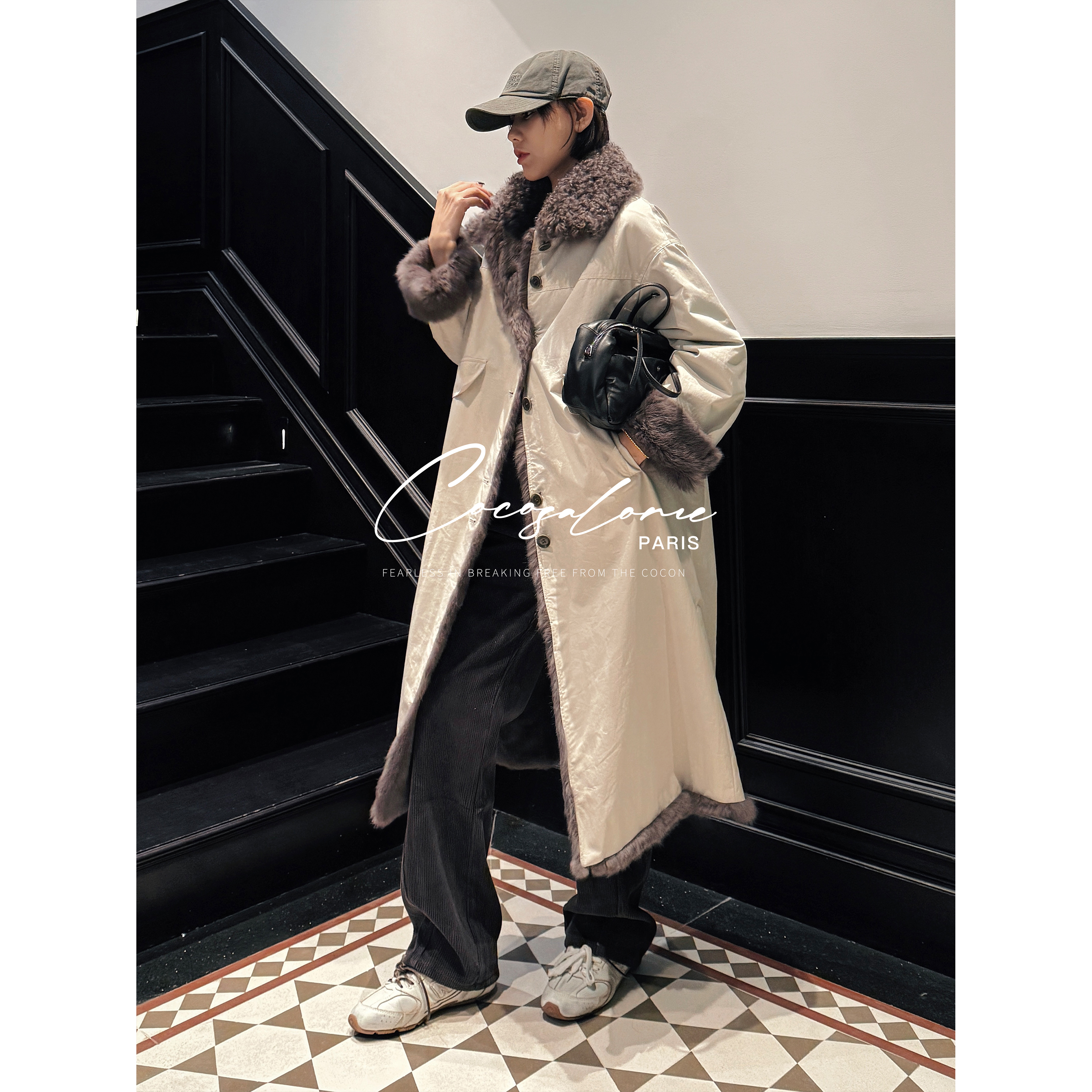 韩彬彬"首尔"拼接兔毛皮+羊毛皮领防水双面穿长款时尚大衣3455-8